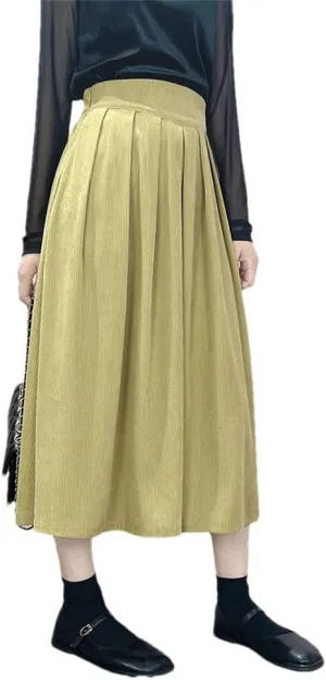 Youllyuu Autumn Winter Pleated Corduroy Skirt Women Ladies High Waist Long Midi Skirts