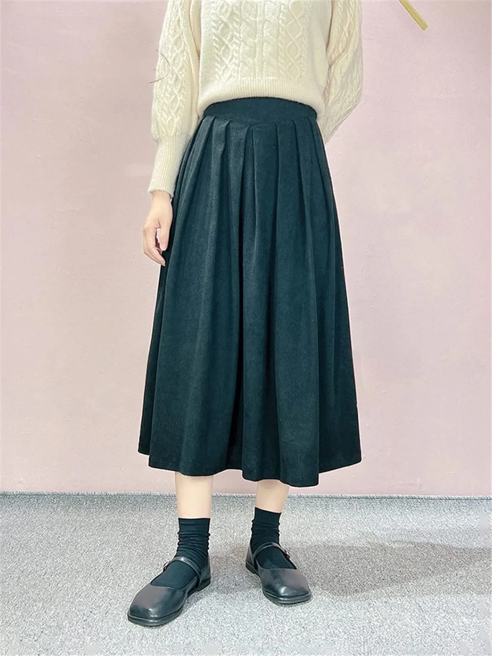 Youllyuu Autumn Winter Pleated Corduroy Skirt Women Ladies High Waist Long Midi Skirts