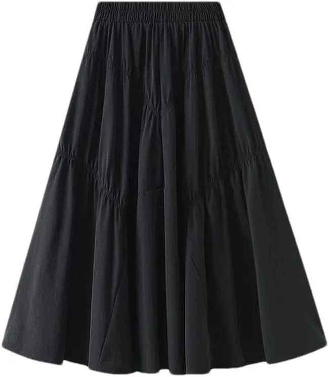 Youllyuu Elastic Waist A Line Skirt Shirring Long Summer Midi Skirts
