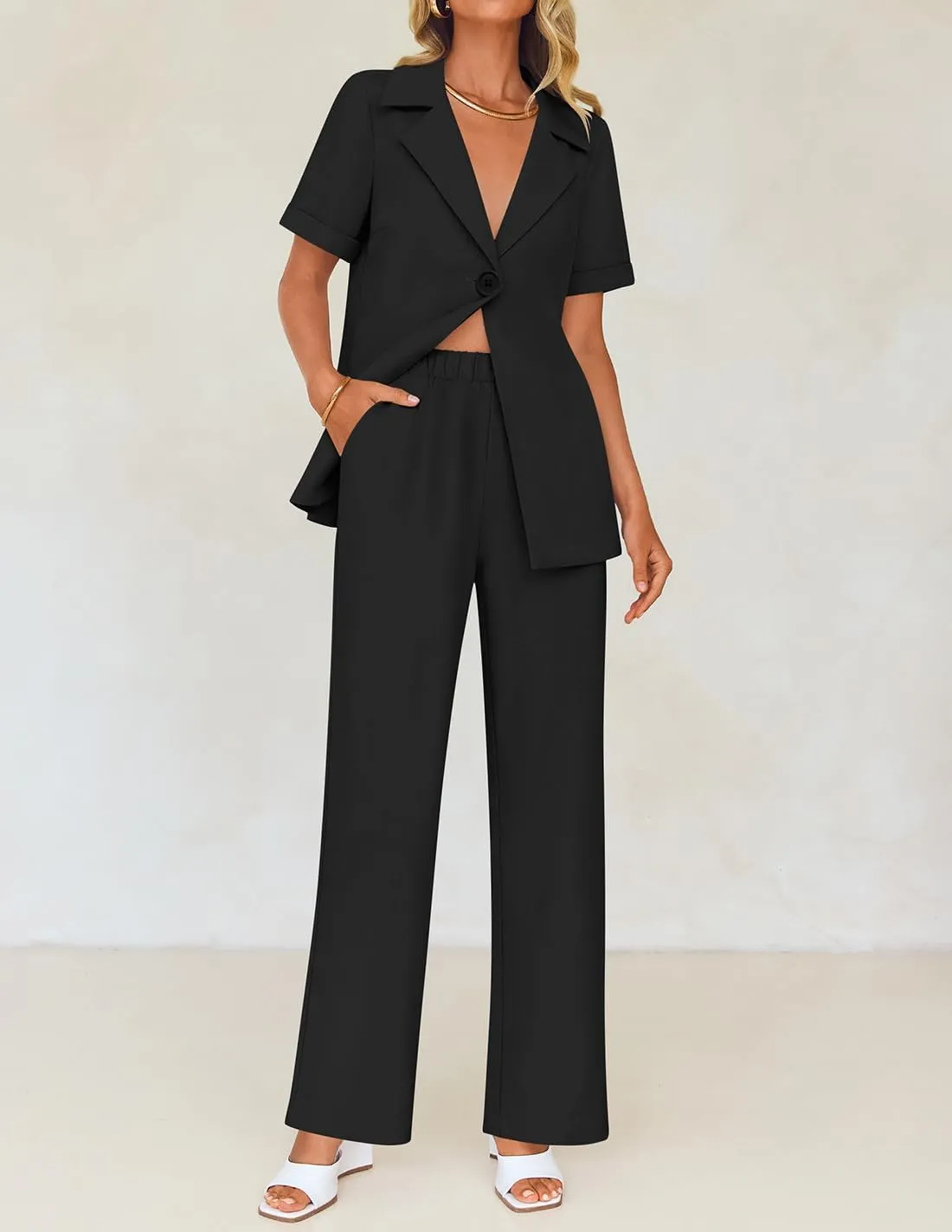 ZESICA Women's 2025 Casual 2 Piece Outfits Short Sleeve Blazer Jacket and Wide Leg Pants Loose Business Suit Sets