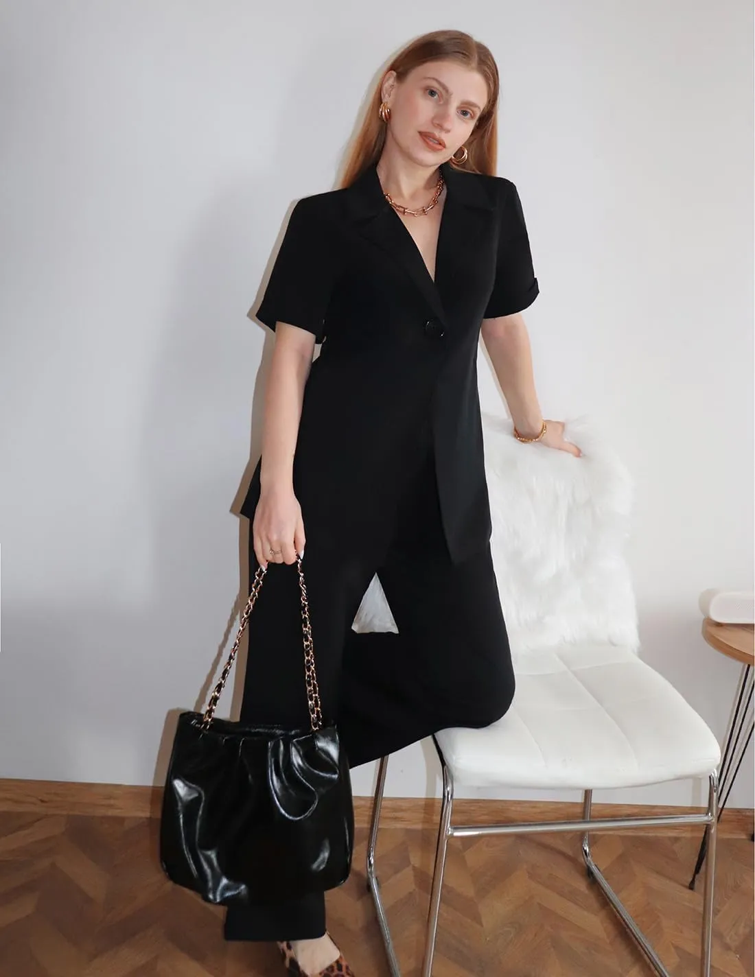 ZESICA Women's 2025 Casual 2 Piece Outfits Short Sleeve Blazer Jacket and Wide Leg Pants Loose Business Suit Sets