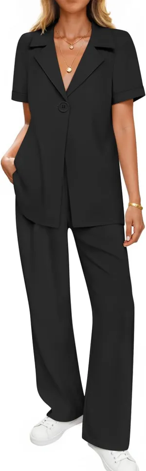 ZESICA Women's 2025 Casual 2 Piece Outfits Short Sleeve Blazer Jacket and Wide Leg Pants Loose Business Suit Sets