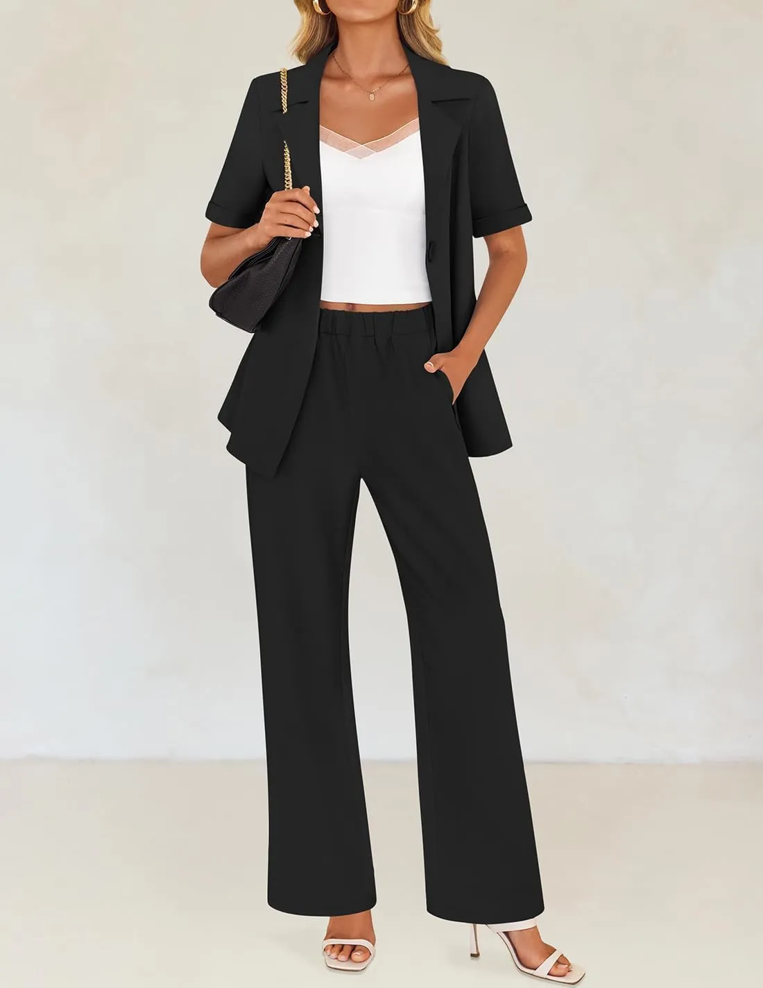 ZESICA Women's 2025 Casual 2 Piece Outfits Short Sleeve Blazer Jacket and Wide Leg Pants Loose Business Suit Sets